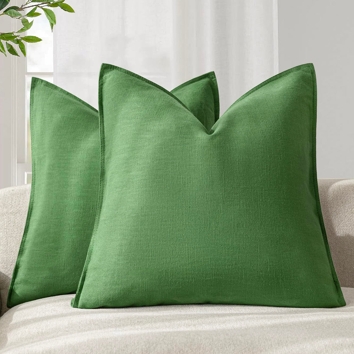 Pack of 2 Decorative Linen Solid Throw Pillow Covers Soft Accent Euro Cushion Case Boho Farmhouse Pillowcase for Chair Couch Sofa Bedroom Living Room Home Decor 26 x 26 Inch Forest Green (2 Count)