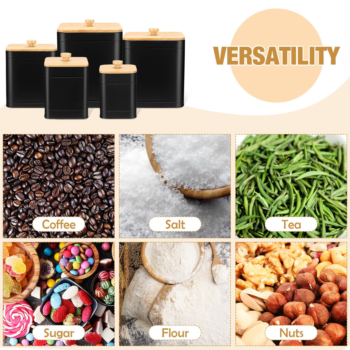 5 Pcs Black Kitchen Canisters for Countertop with Labels Airtight Metal Containers Coffee Tea Sugar Flour Jars with Spoon Farmhouse Big Food Storage Set for Kitchen (5 Count)