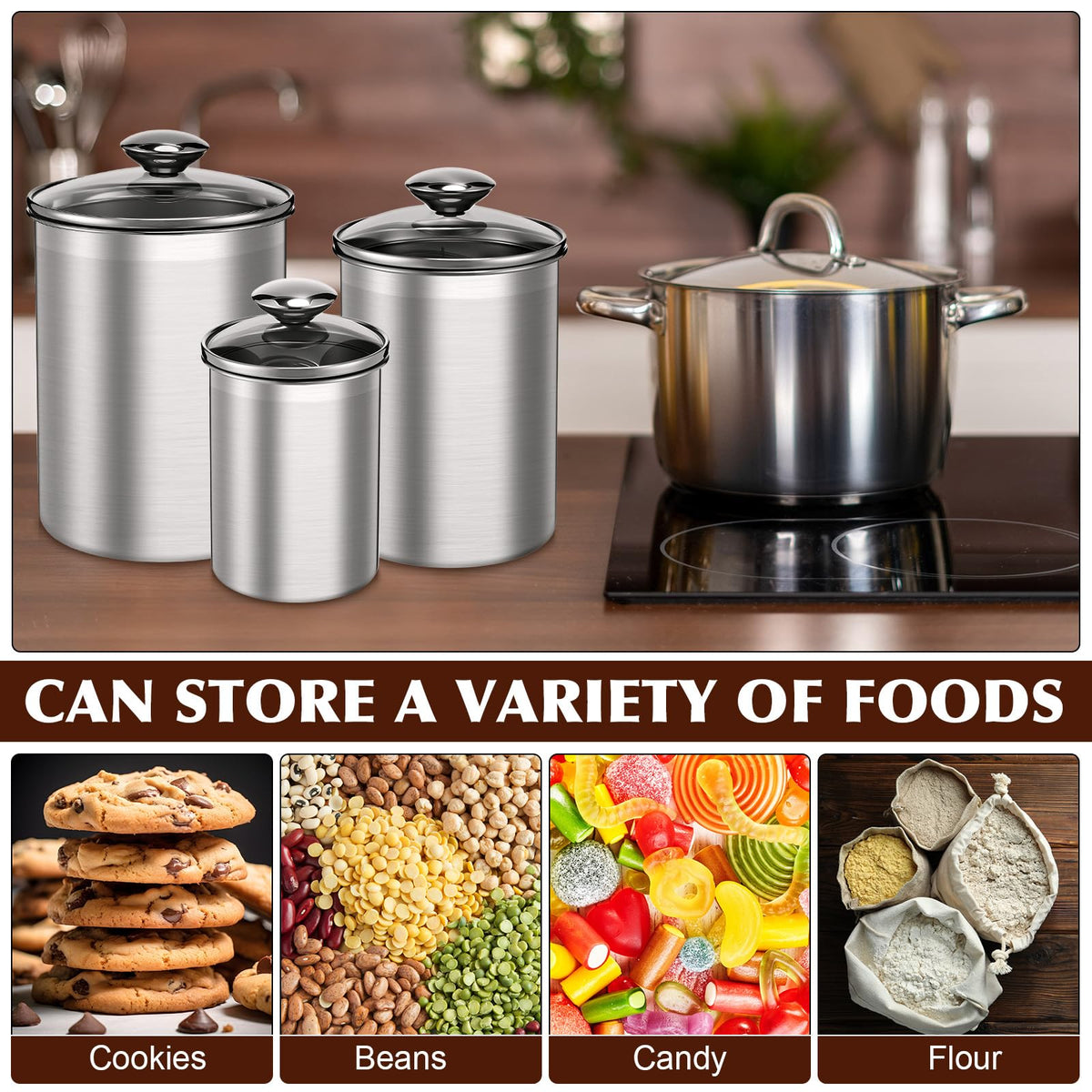 5 Pcs Stainless Steel Canister with Glass Lids Airtight Food Jar Storage Canister Set (5 Count)