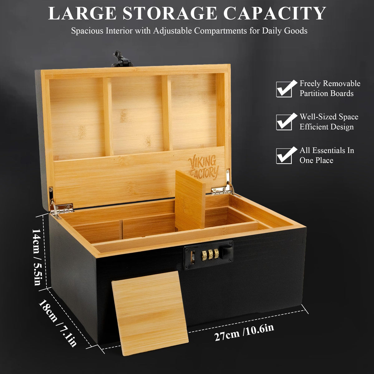 Large Lockable Bamboo Storage Box with Removable Tray and Combination Lock