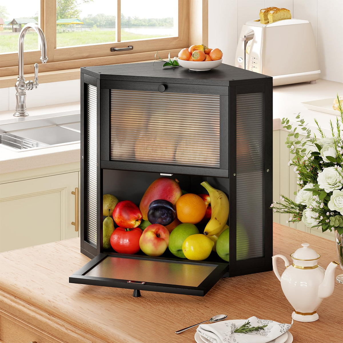 Double Layer Corner Bread Box for Kitchen Countertop with 2 Doors