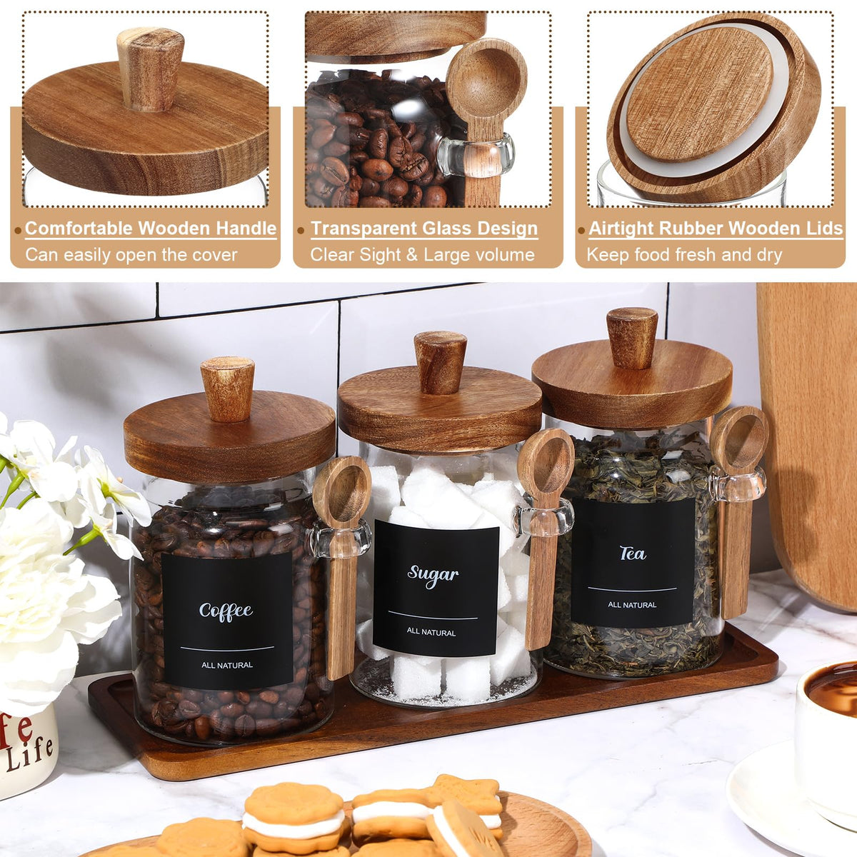 3 Pcs Glass Coffee Container with Wooden Lid Spoon Shelf Labels Clear Airtight Jar Food Storage Canister Set for Sugar Spice Coffee Bean Holder Housewarming Gift (3 Count)