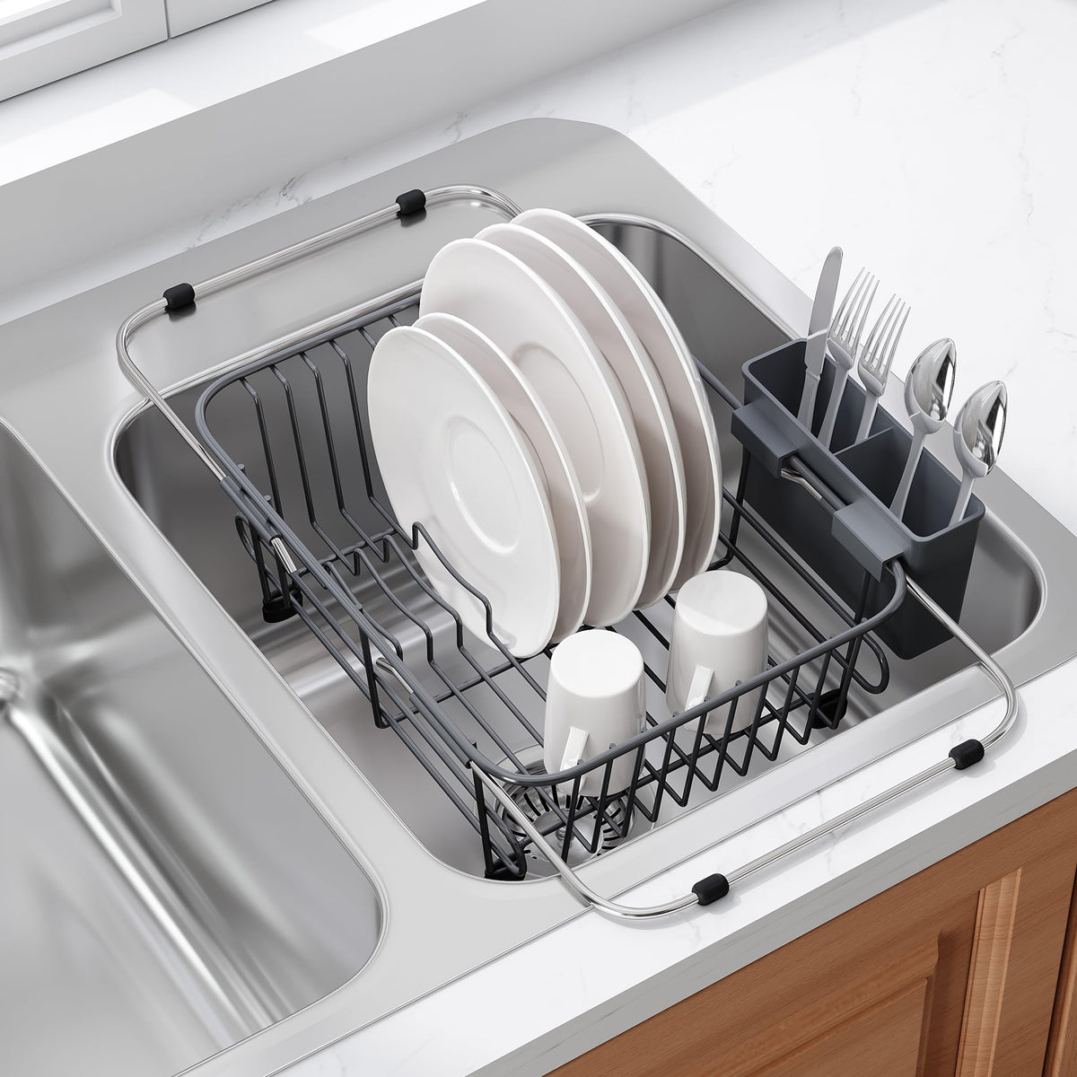Gray Dish Drying Rack in Sink with Utensil Holder