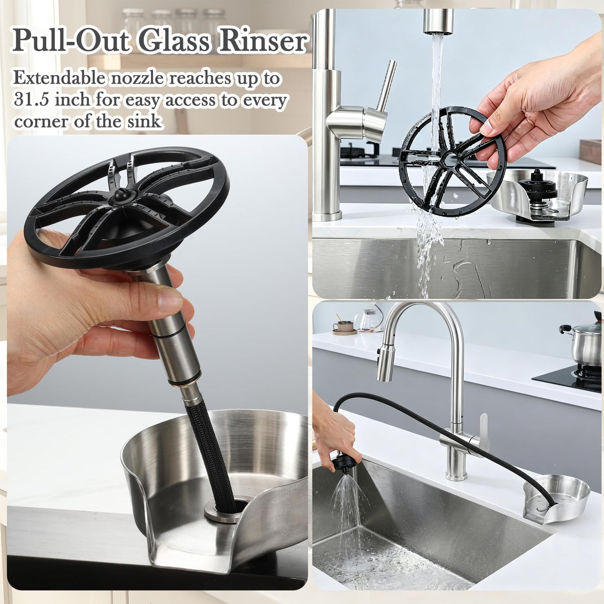 Kitchen Sink Glass Rinser 360° Rotating Cup Washer With Pull Out Spray Gun