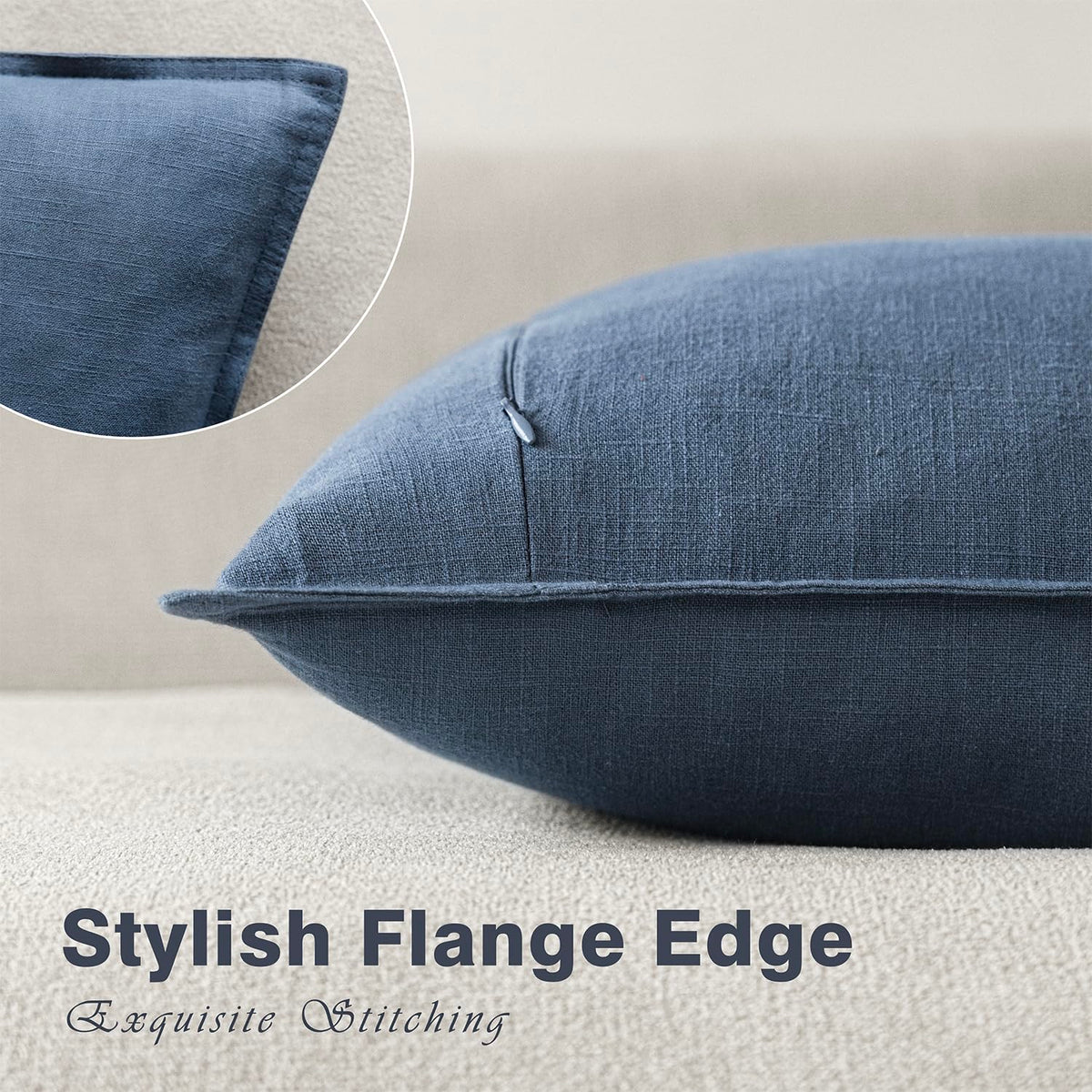 Pack of 2 Decorative Ramie Cotton Throw Pillow Covers Soft Accent Euro Cushion Case Farmhouse Neutral Pillowcase for Chair Couch Sofa Bedroom Living Room Home Decor 22 x 22 Inch Dark Blue (2 Count)