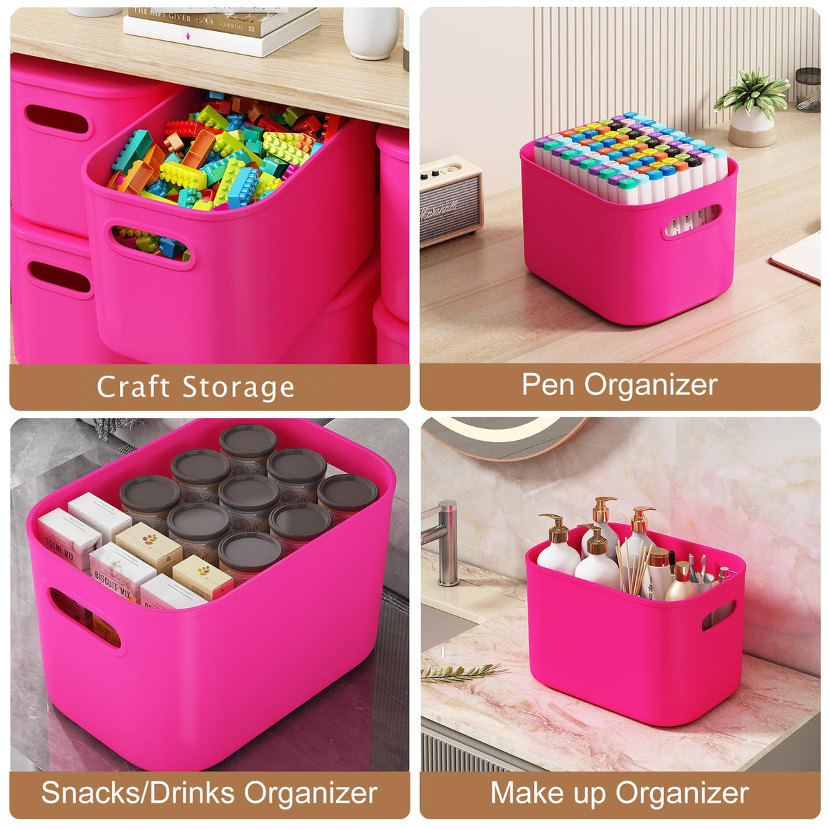 6 Pack Pink Storage Bins with Lids Stackable Storage Container for Organizing (6 Count)