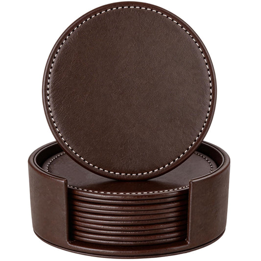 Set of 6 Round Leather Coasters for Drinks with Holder
