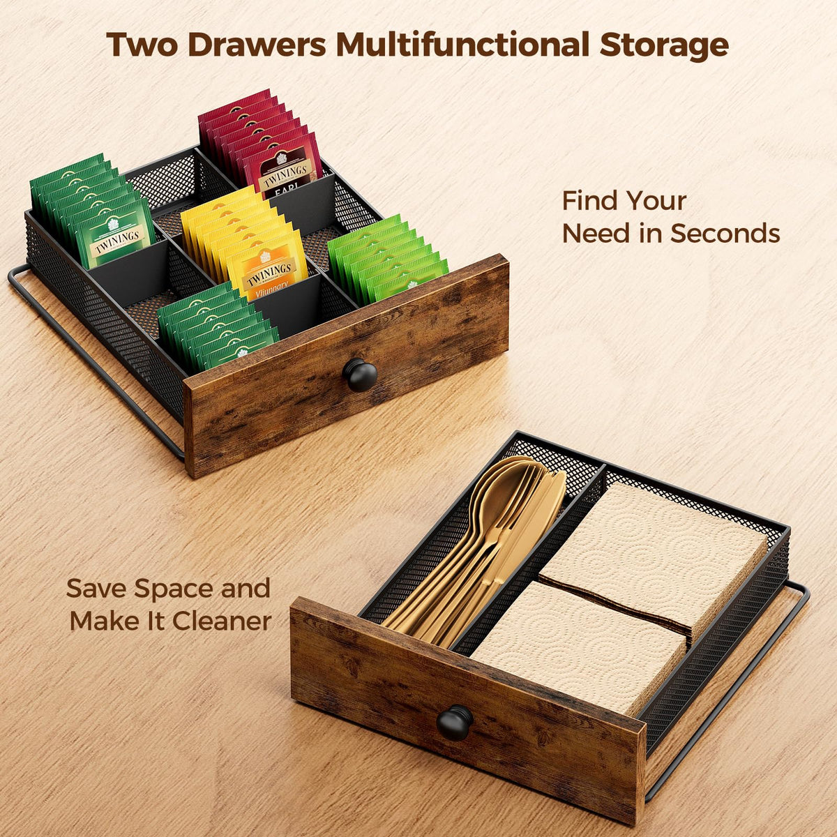 Tea Bag Organizer and Storage with 2 Drawers for Countertop