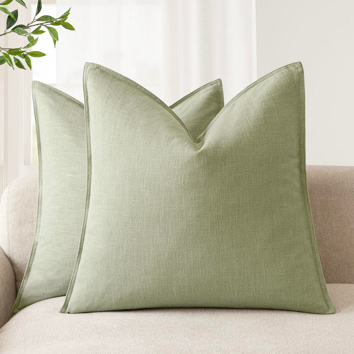Pack of 2 Decorative Linen Solid Throw Pillow Covers Soft Accent Cushion Case Boho Farmhouse Pillowcase for Chair Couch Sofa Bedroom Living Room Home Decor 22 x 22 Inch Light Sage Green