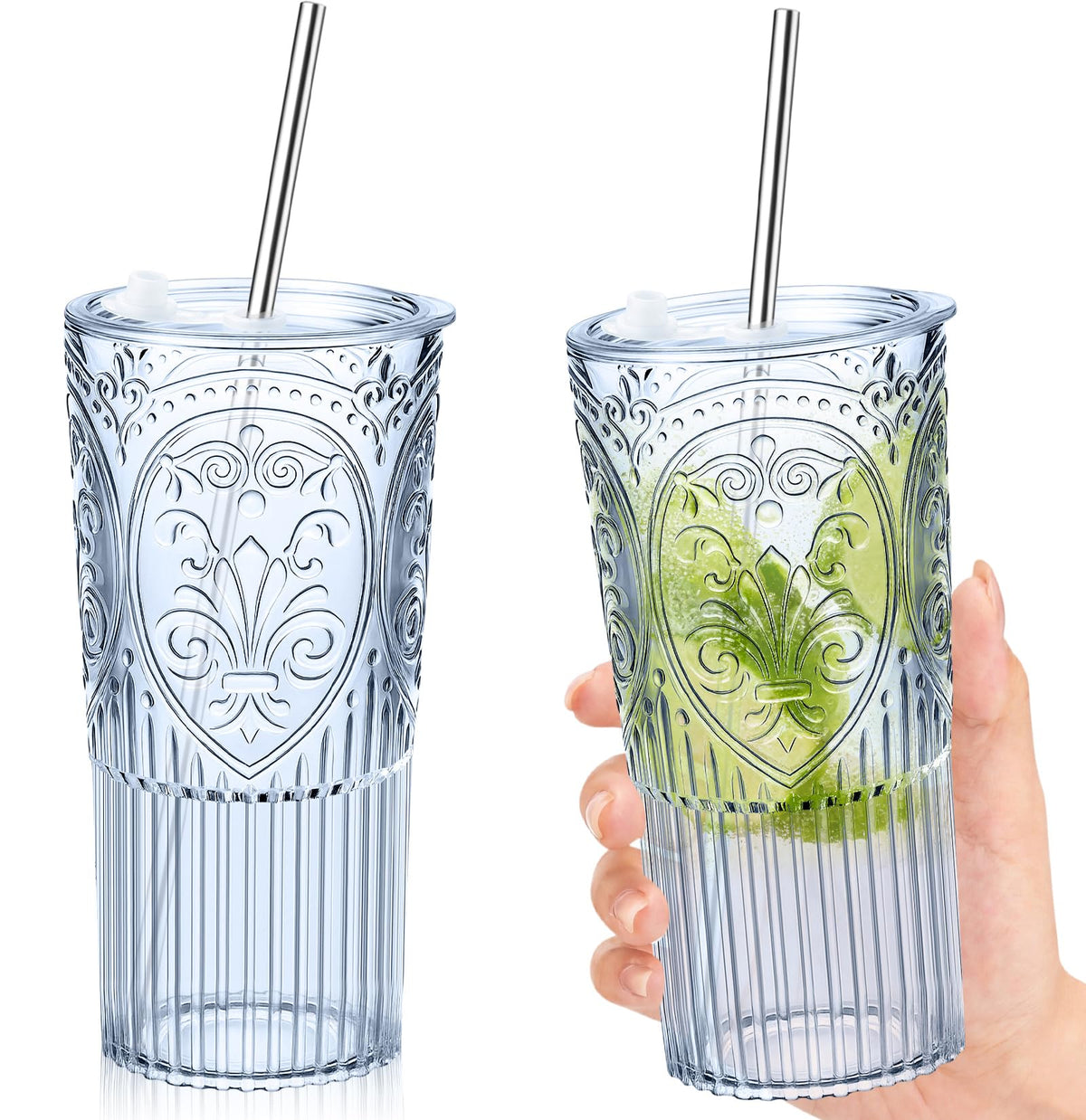 2 Set 20oz Vintage Plastic Tumbler with Lids and Straws Ribbed Floral Drinking Glasses Reusable Iced Coffee Cups for Water Juice Smoothie Cocktail Travel Party Events Gift (2 Count)