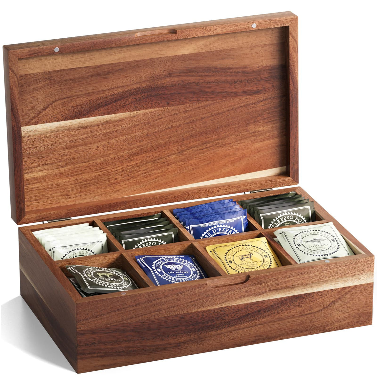 Acacia Wood Tea Bag Storage Box with 8 Compartments