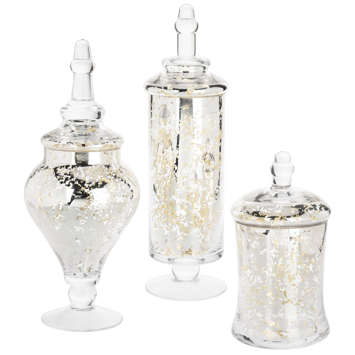 Set of 3 Silver Mercury Glass Apothecary Jars Candy Buffet