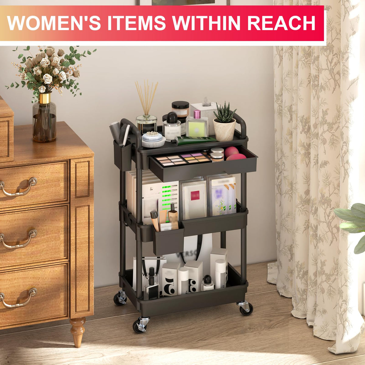 3 Tier Rolling Utility Cart Organizer with Removable Drawer
