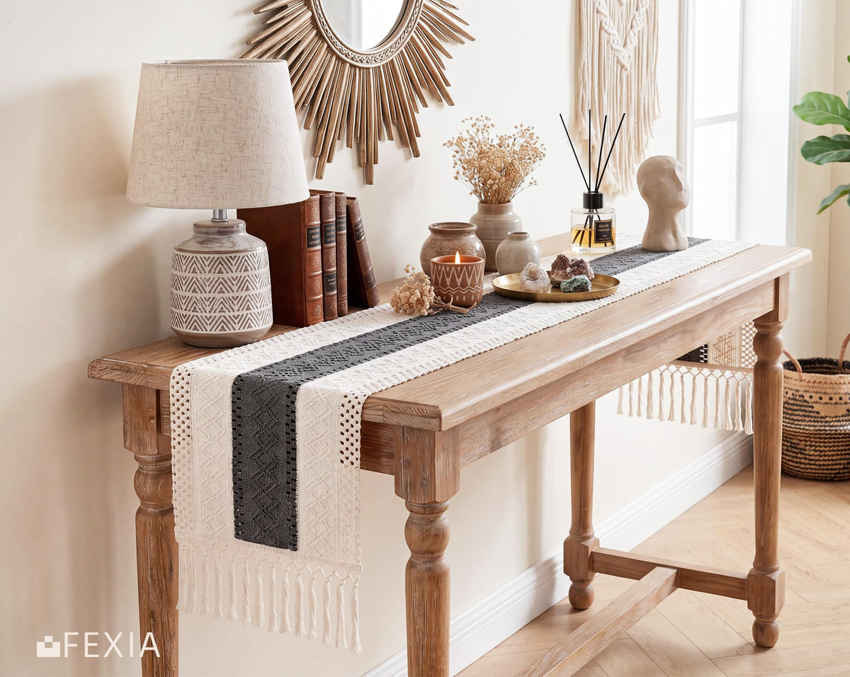 Boho Table Runner with Tassels for Home Decor 12x72 Inches Grey (6 Sq Ft)