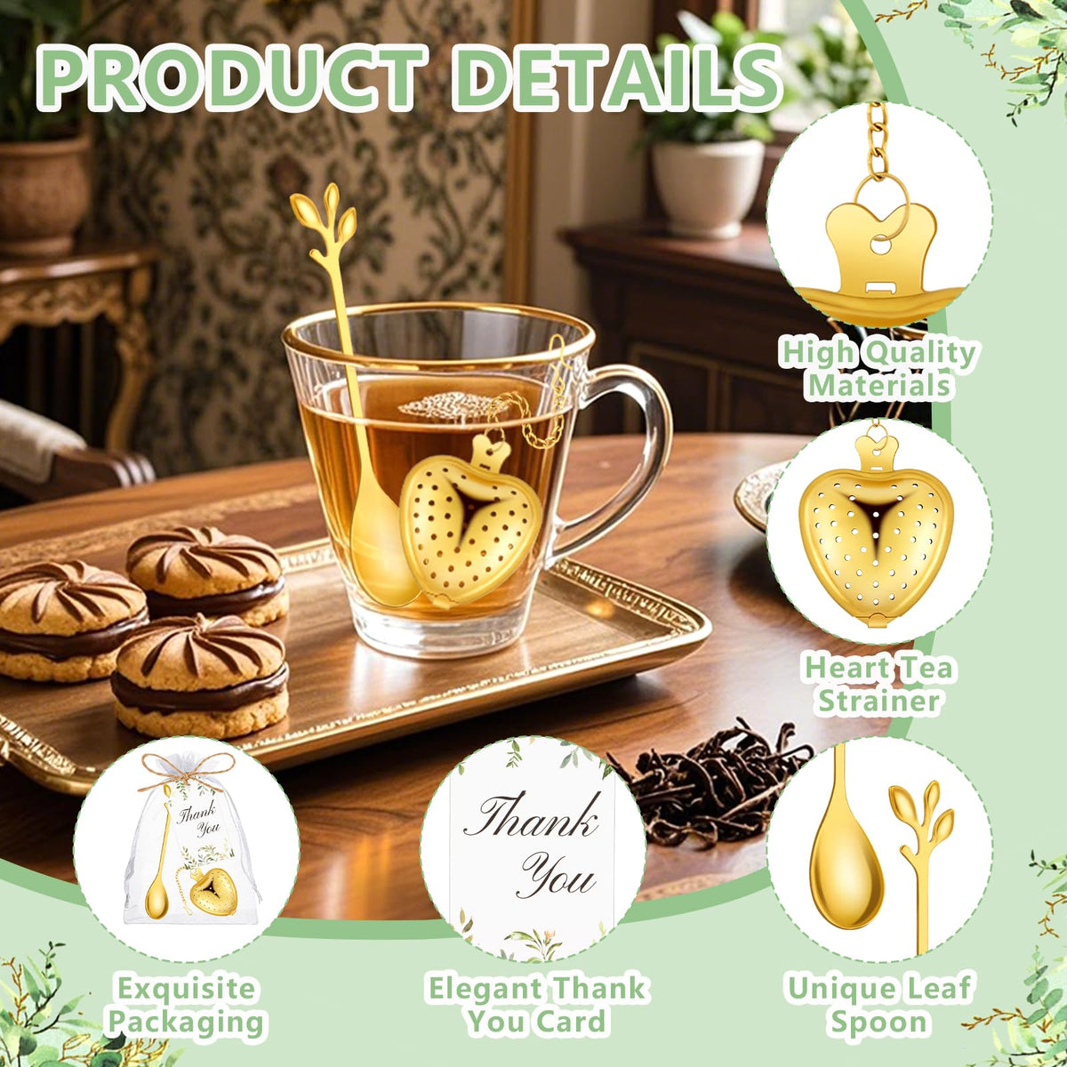 50 Sets Bridal Shower Tea Party Favor for Guests Leaf Tea Spoon Heart Tea Infuser for Loose Leaf Tea Steeper with Thank You Card Organza Bags for Wedding Decoration Gift Souvenirs