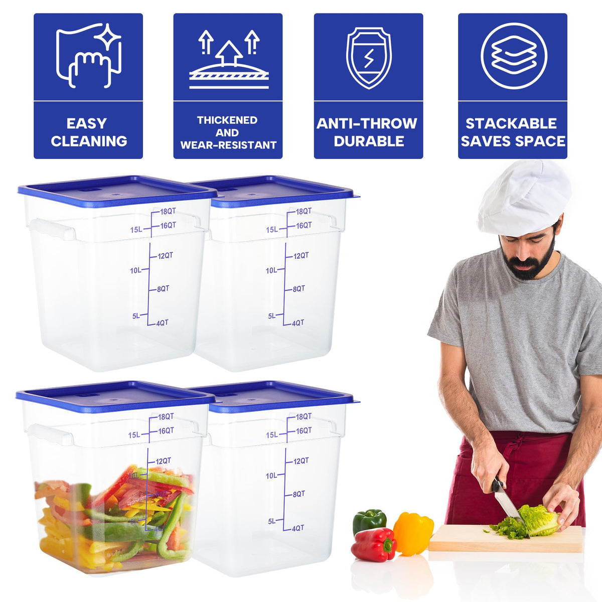 4 Pack 18 Qt Square Food Storage Containers with Lids (4 Count)