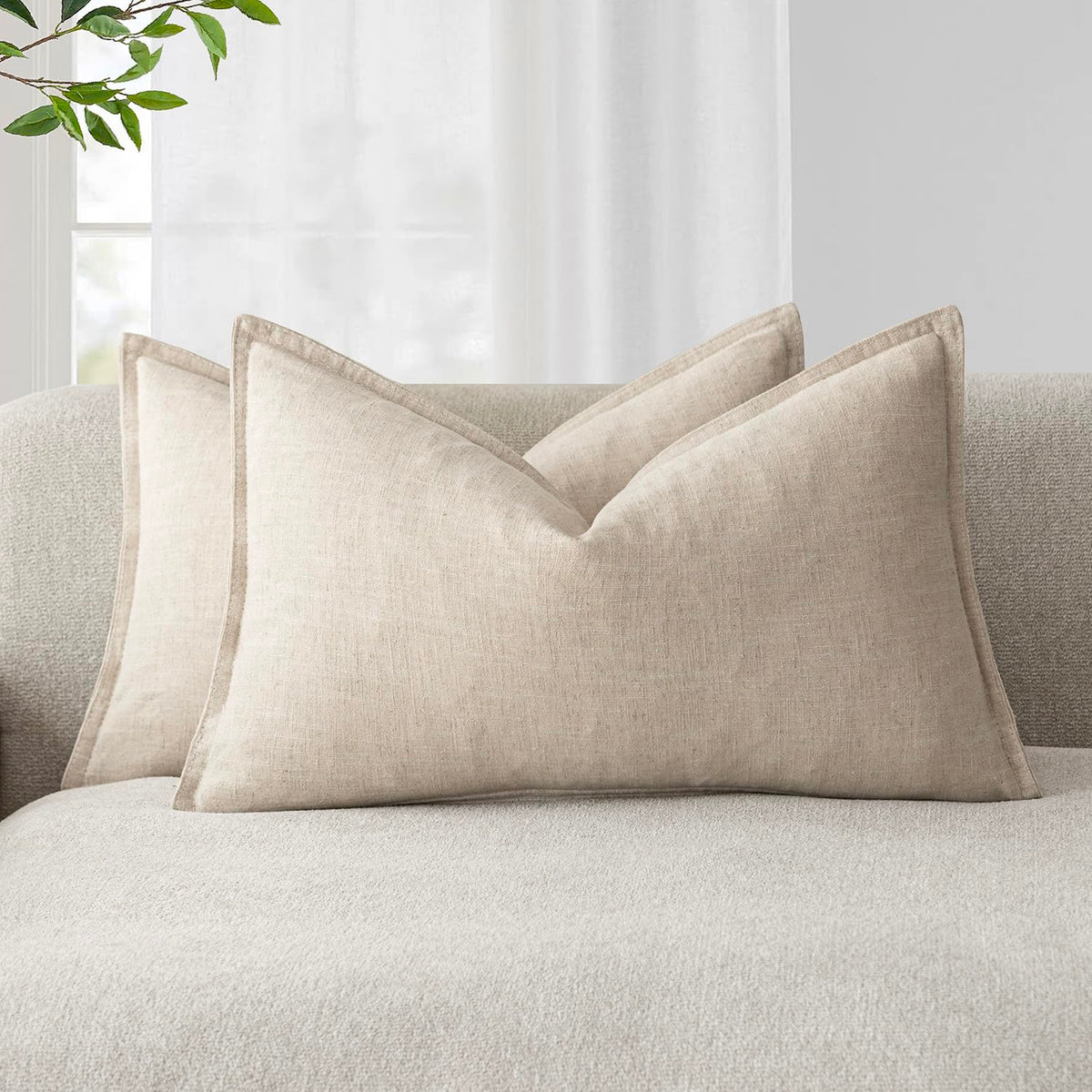 Pack of 2 Decorative Linen Soild Throw Pillow Covers Soft Accent Lumbar Cushion Case Boho Farmhouse Neutral Pillowcase for Couch Sofa Bed Living Room Home Decor 12 x 20 Inch Natural Beige (2 Count)