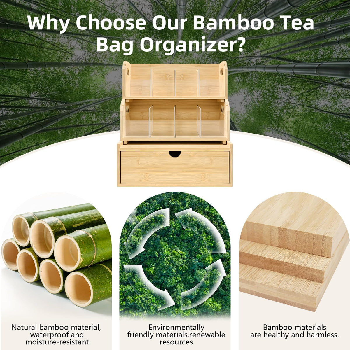 3 Layer Stackable Bamboo Tea Bag Organizer with Drawer
