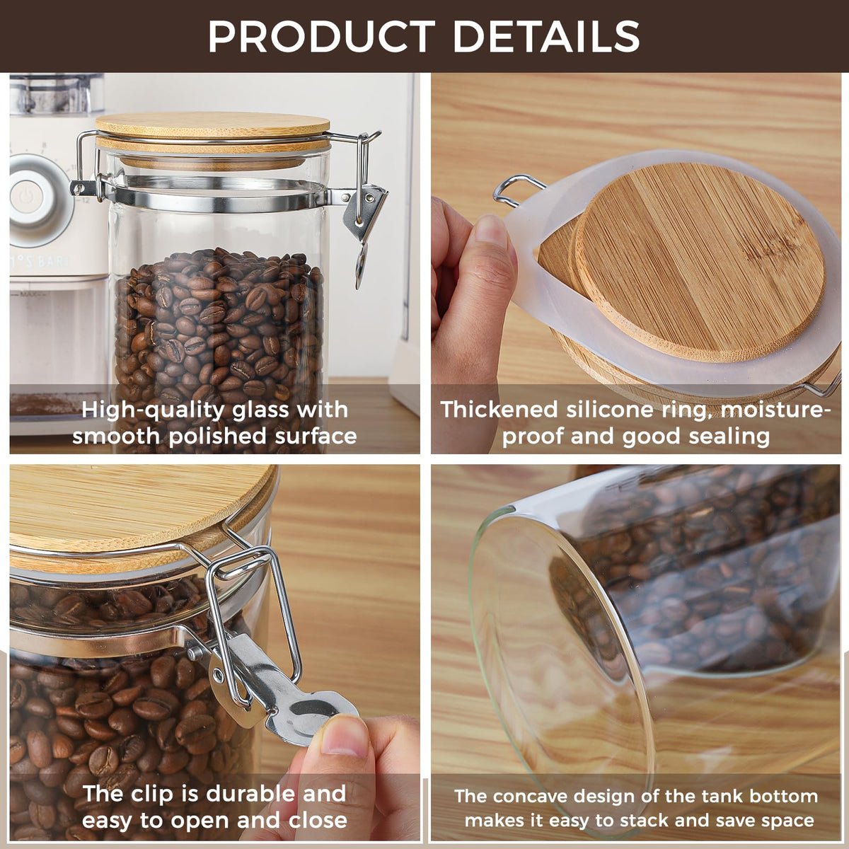 2 Pack 40.5oz Coffee Bean Storage Container with Airtight Bamboo Lids Glass Airtight Coffee Canister with Scoop Storage Container for Grounds Tea Cereal Sugar (2 Count)