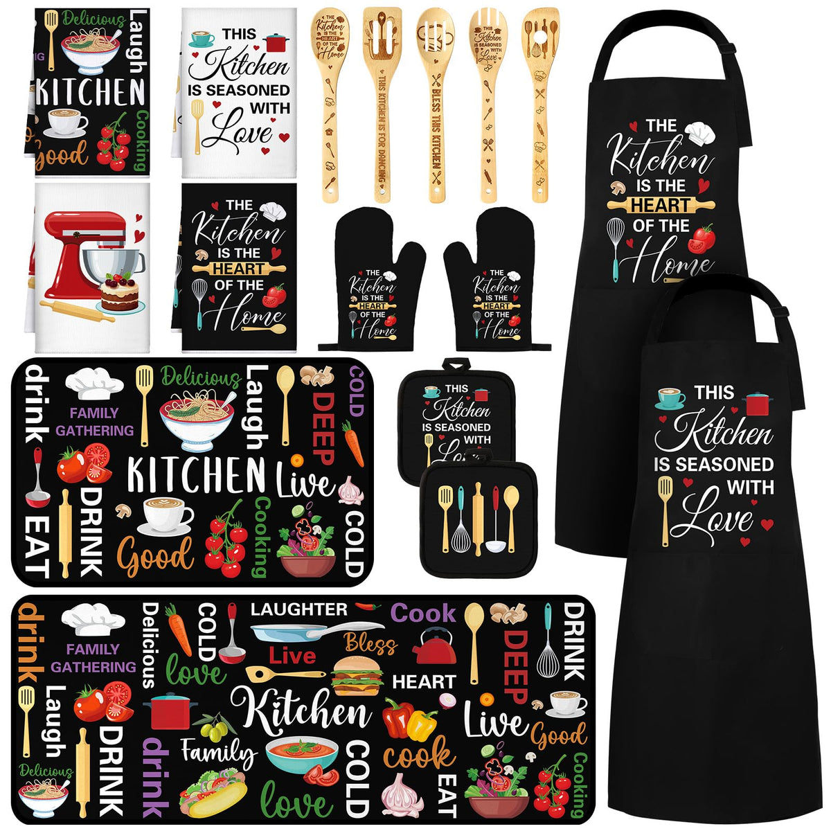 17 Pcs Farmhouse Kitchen Decor and Accessories Black Kitchen Sets Rug and Mat Oven Mitts and Pot Holders Apron Dish Towels Cute Wooden Spoons for Holiday Decoration Home Housewarming Gifts
