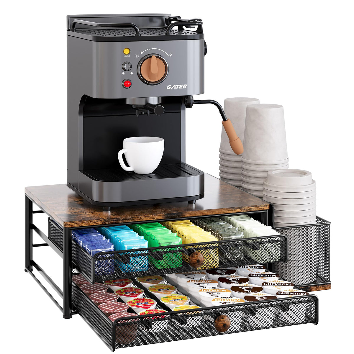 K Cup Holder 60 Capsule Capacity 2 Tier Sliding Pods Storage Drawer with Disposable Cups & Lids Holder