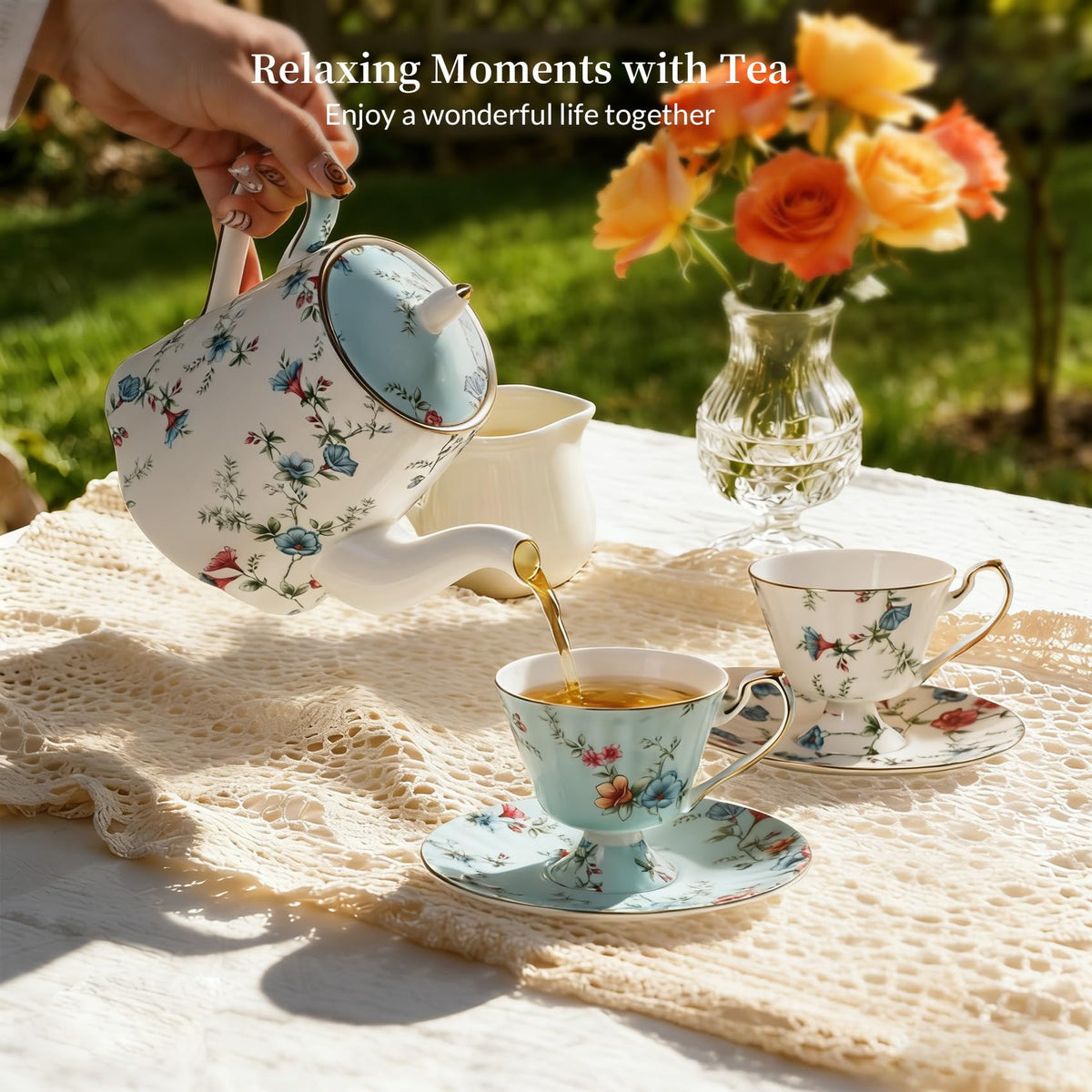 Teapot Set Vintage Floral Bone China Teapot with 24K Gold