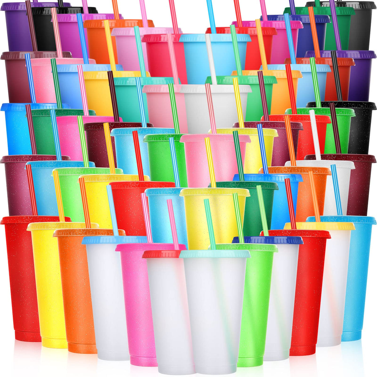60 Pack Tumbler with Straw and Lid Bulk Glitter Plastic Cups Water Bottle Iced Coffee Travel Mug Reusable Party Favor Cups for Birthdays travel 24 (60 Count)