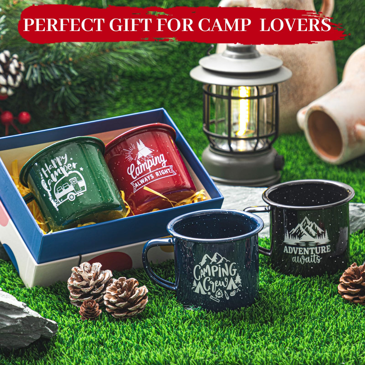 4 Pcs Enamel Camping Mugs 12 oz Outdoor Coffee Cups Nostalgic Speckled Enamelware Mug with Printed Design for Hot Cold Beverages Durable Cup for Happy Camper Adventure Home Travel Beach (4 Count)