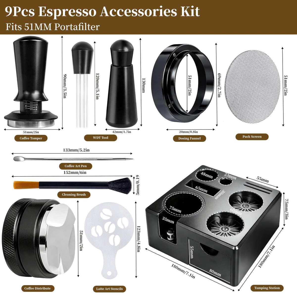 9 PCS 51mm Espresso Accessories Kit with Tamper Station