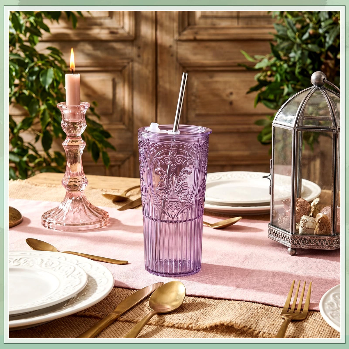 2 Set 20oz Vintage Plastic Tumbler with Lids and Straws Ribbed Floral Drinking Glasses Reusable Iced Coffee Cups for Water Juice Smoothie Cocktail Travel Party Events Gift (2 Count)