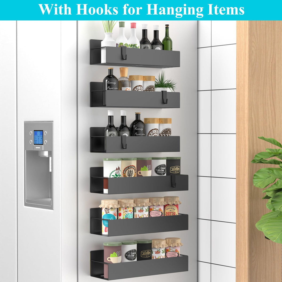 Metal Magnetic Spice Rack for Refrigerator Matt Black (6 Count)