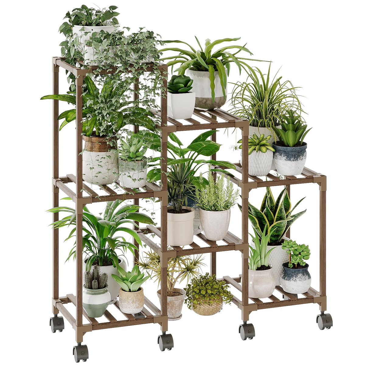 Plant Stand with Wheels for Indoor Plants Wood Outdoor Tiered Shelf 3 Tire 7 Potted Ladder Plant Holder Table Pot Stand for Window Garden Balcony Patio Living Room