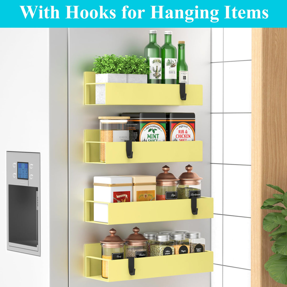 Metal Magnetic Spice Rack for Refrigerator Yellow (4 Count)