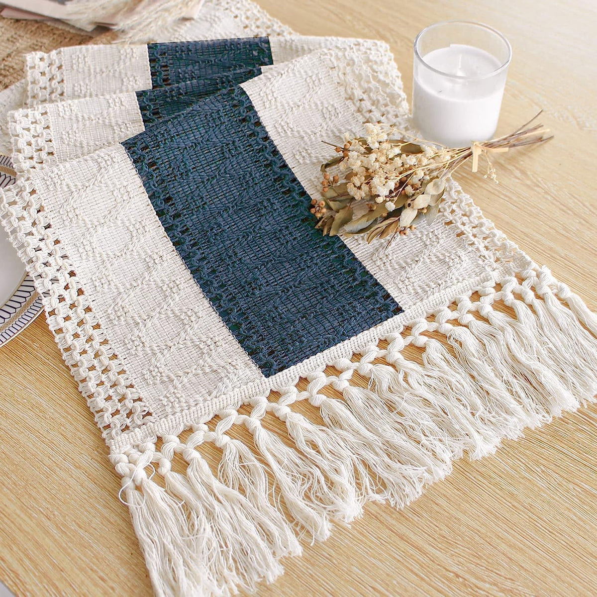 Boho Table Runner for Home Decor 12x90 Blue Fall Rustic Decorations (7.5 Foot)
