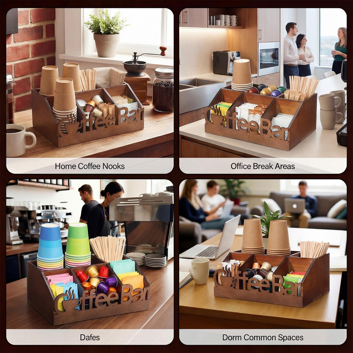 Coffee Station Organizer for Counter Wood Countertop Accessories Organizer Coffee Pods Holder Storage Basket for Pods Condiment Syrup Tea Cups Stirrers for Rustic Bar Decoration