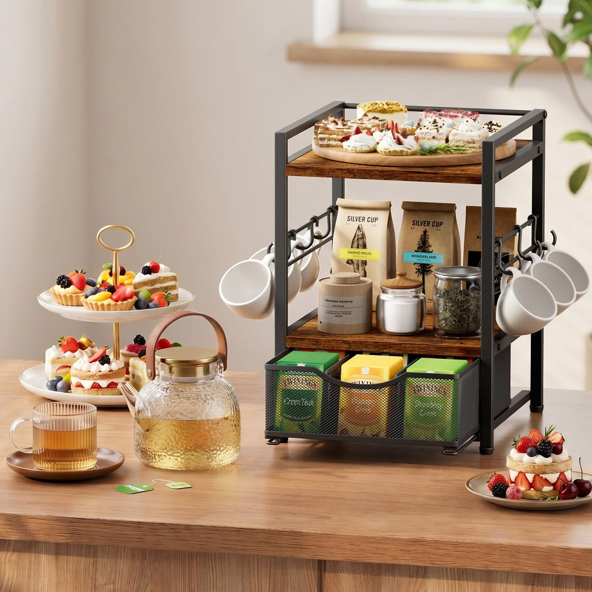 3 Tier Tea Bag Organizer with Drawer for Countertop