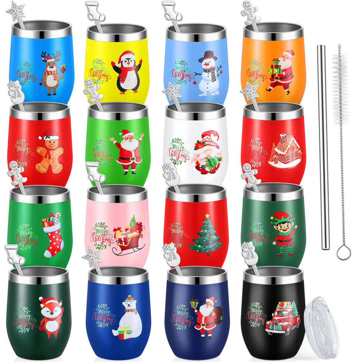 16 Pcs Christmas Funny Wine Tumbler Spoon Set 12 Oz Stainless Steel Tumbler with Straw Brush Double Wall Insulated Travel Coffee Mug for Christmas Xmas Party Decorations Holiday Gift (16 Count)