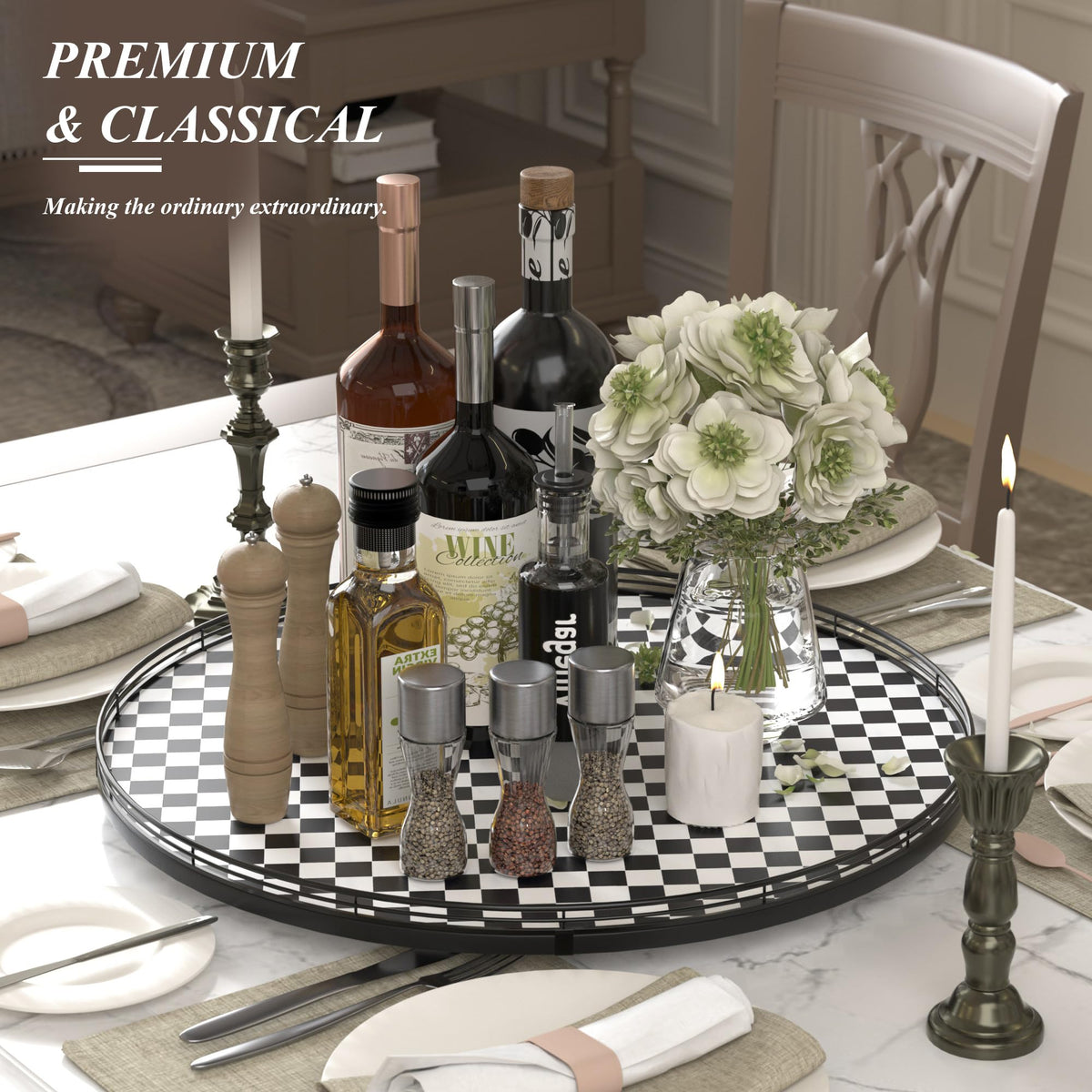 24 Inch Black and White Checkerboard Lazy Susan Decorative Tray
