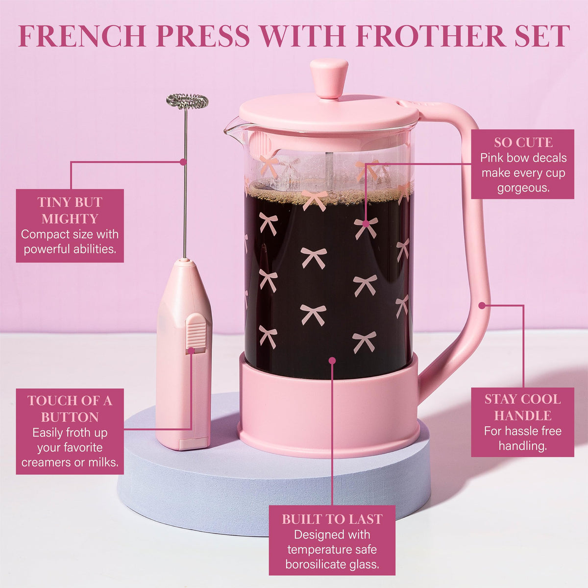 Bow Design French Press and Frother Coffee Gift Set (2 Count)
