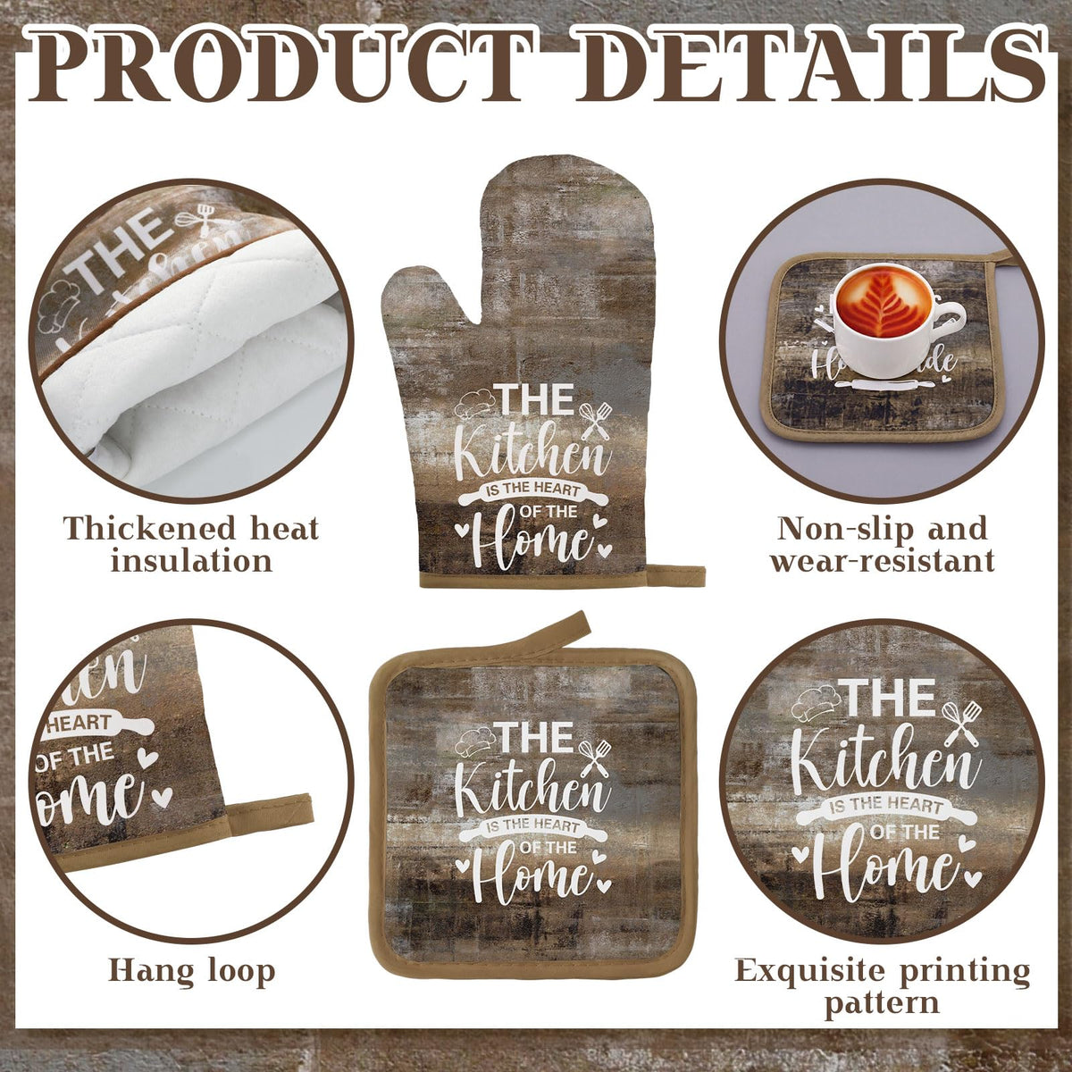 17 Pcs Brown Kitchen Decor and Accessories Brown Kitchen Rug and Mat Oven Mitts and Pot Holders Apron Dish Towels Cute Wooden Spoons for Natural Wood Themed Home Decor Housewarming Gifts (17 Count)