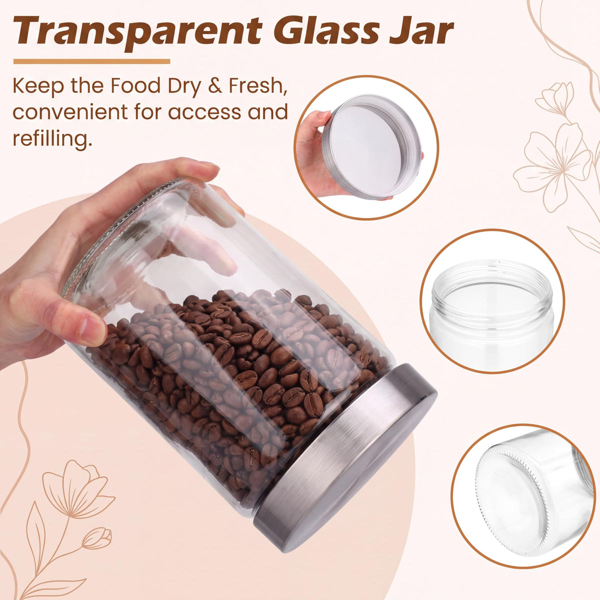 6 Pcs 34 oz Clear Glass Canister Set with Stainless Steel Lids (6 Count)