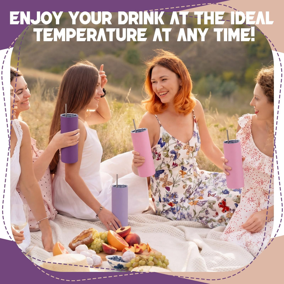 8 Pcs Purple Tumbler 20oz Travel Coffee Mugs with Lid and Straw Insulated Stainless Steel Tumblers Double Wall Vacuum Skinny Water Bottle for Coffee Beverage Hot & Iced Drinks (8 Count)