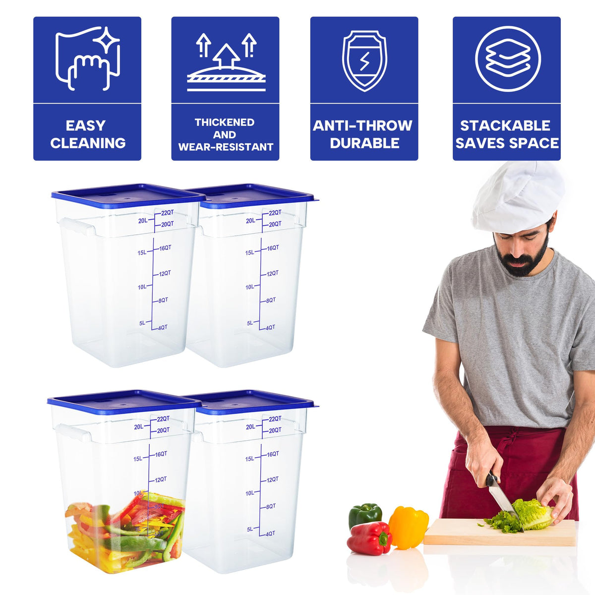 4 Pack 22 Qt Square Food Storage Containers with Lids (4 Count)