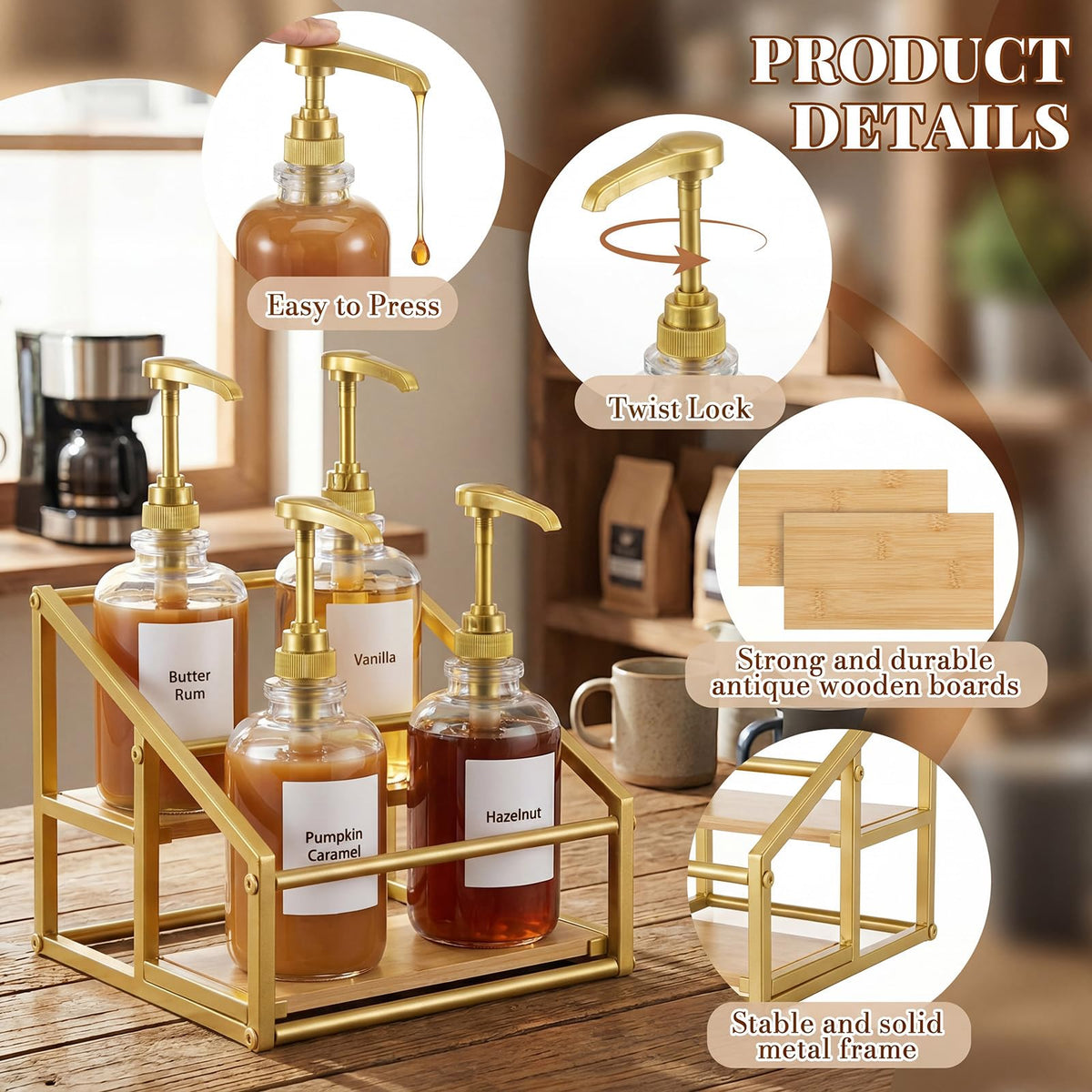 4 Pcs Coffee Syrup Dispenser Bottles with Stand (47 Count)