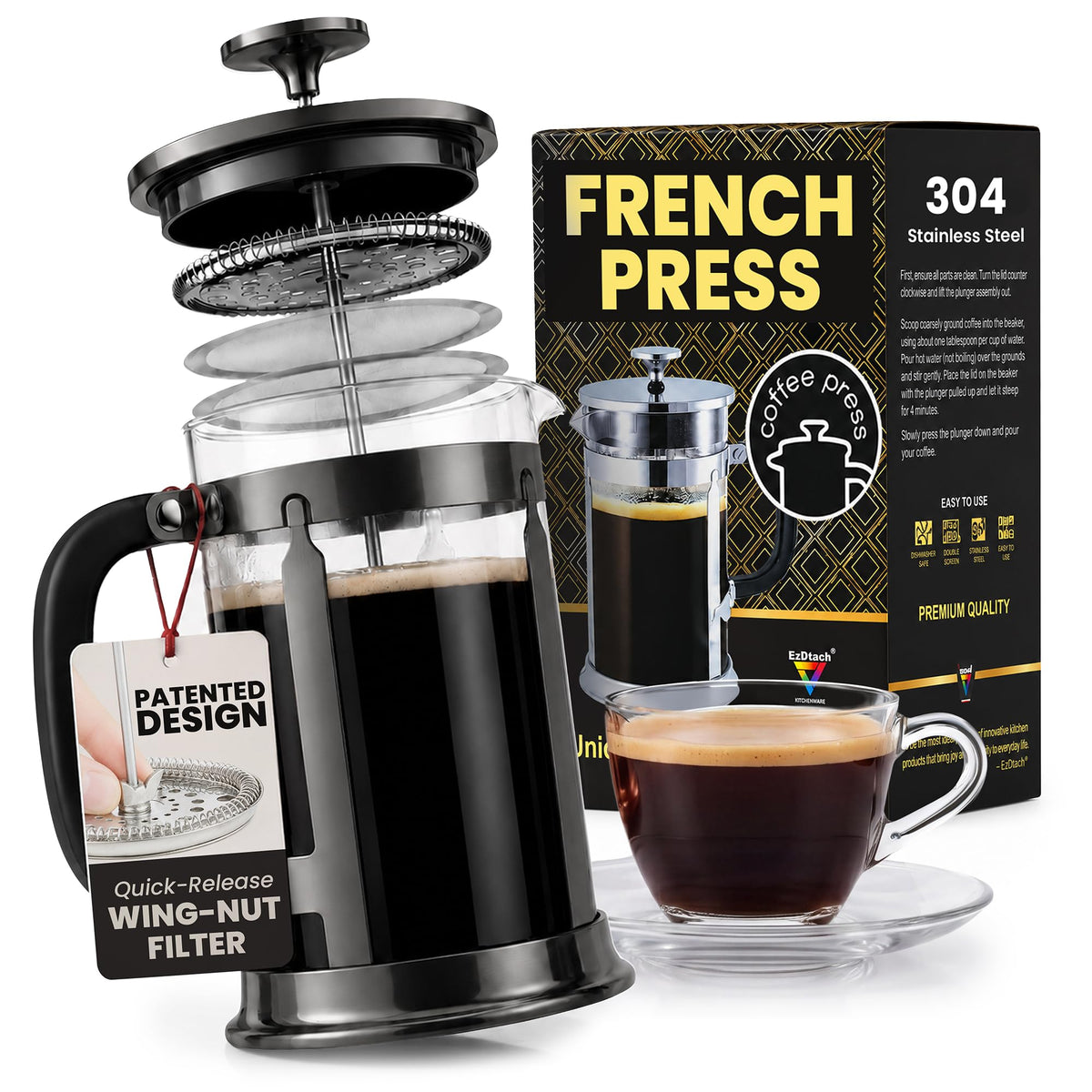 EzDtach French Press Coffee Maker 34oz Grey