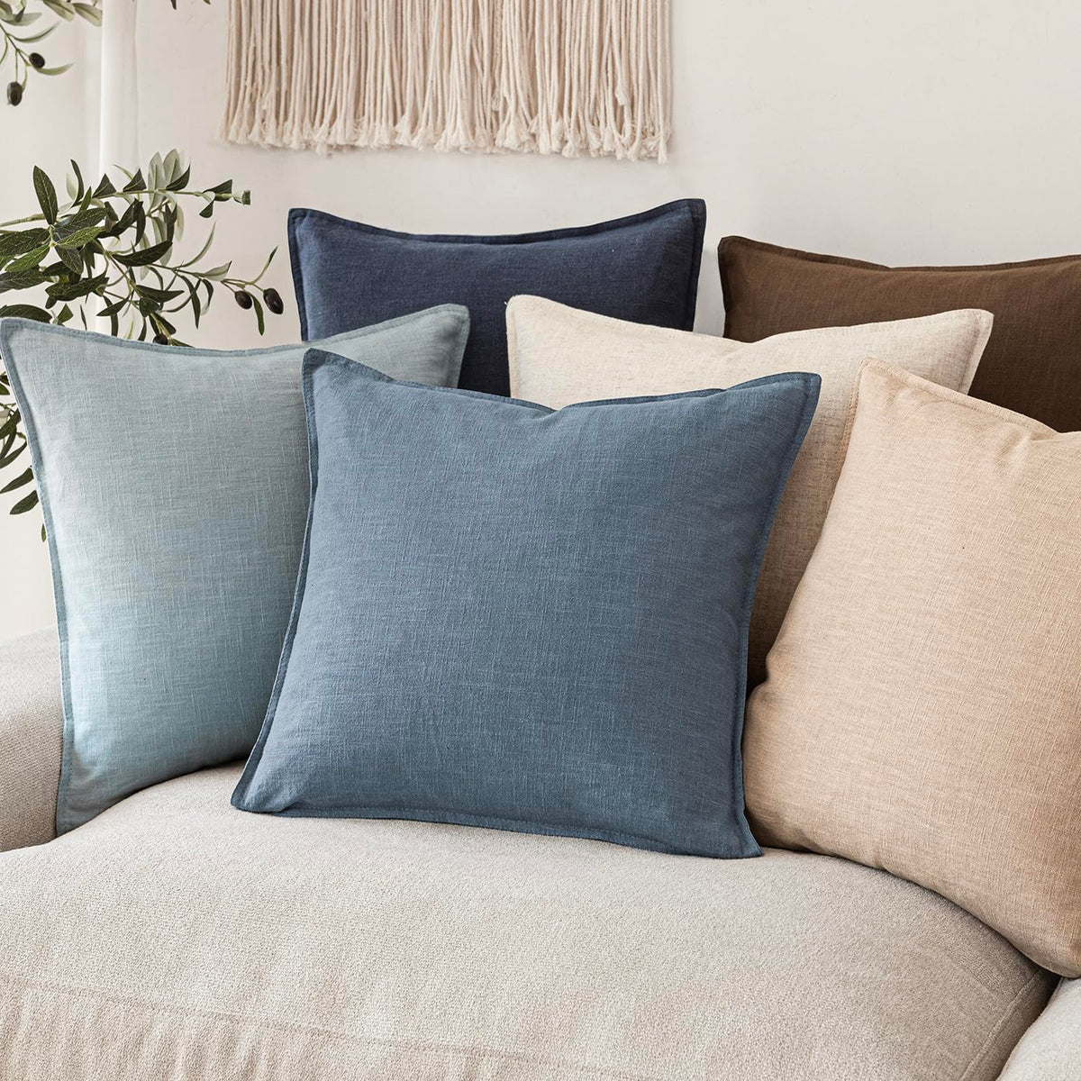 Set of 2 Decorative Linen Solid Throw Pillow Covers Soft Accent Euro Cushion Case Boho Farmhouse Neutral Pillowcase for Couch Sofa Bedroom Living Room Home Decor 26 x 26 Inch Misty Blue (2 Count)