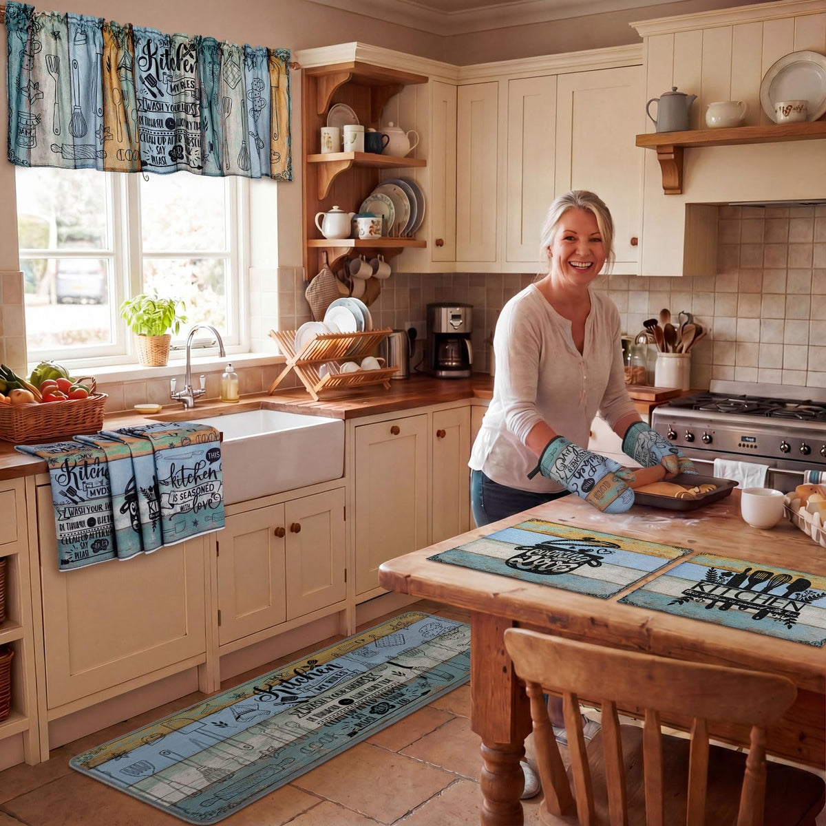 16 Pcs Farmhouse Kitchen Decor Set 4 Kitchen Towels 4 Placemats 2 Non Slip Rugs and Mats for Floor 2 Spring Oven Mitts Gloves 2 Pot Holders 2 Floral Curtains for Home Decoration Gift (16 Count)