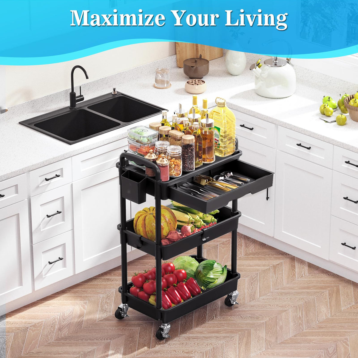 3 Tier Rolling Cart with Drawer