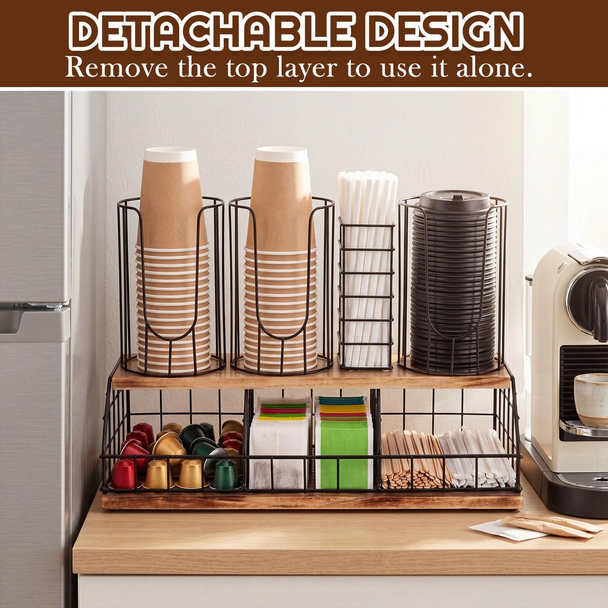 18oz Adjustable Coffee Cup Dispenser with Wooden Base