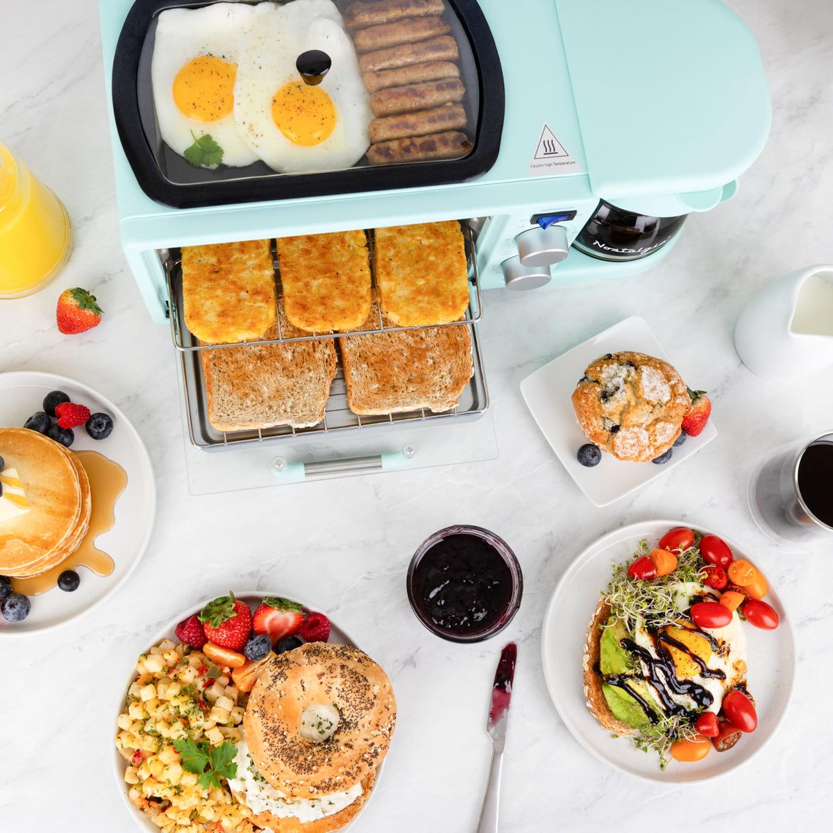 3-in-1 Retro Breakfast Station - Includes 5 (4 Oz) Cup Coffee Maker, Non-Stick Ceramic Griddle, and 4-Slice Toaster Oven - Built-In Timer, Reusable Coffee Filter, Space-Saving Design - Aqua